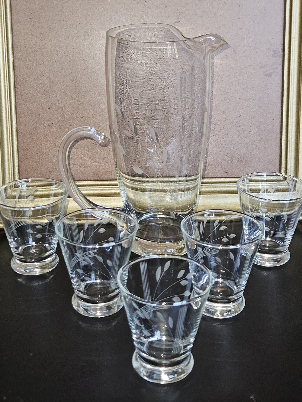 MCM Etched Vine & Leaves Clear Glass Bar Pitcher w 5 Shot Glasses